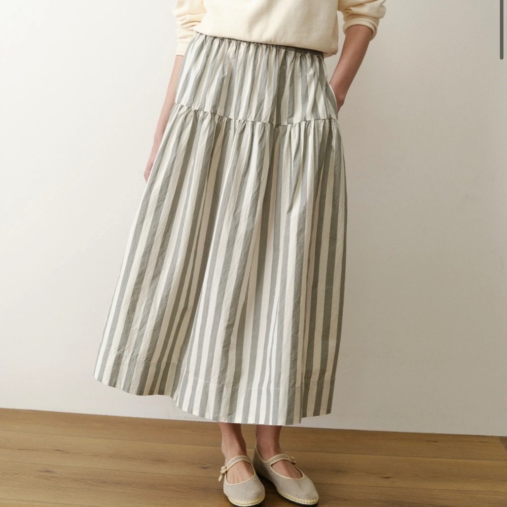 Marine Layer Green White Striped Tiered Midi Skirt Pockets Medium